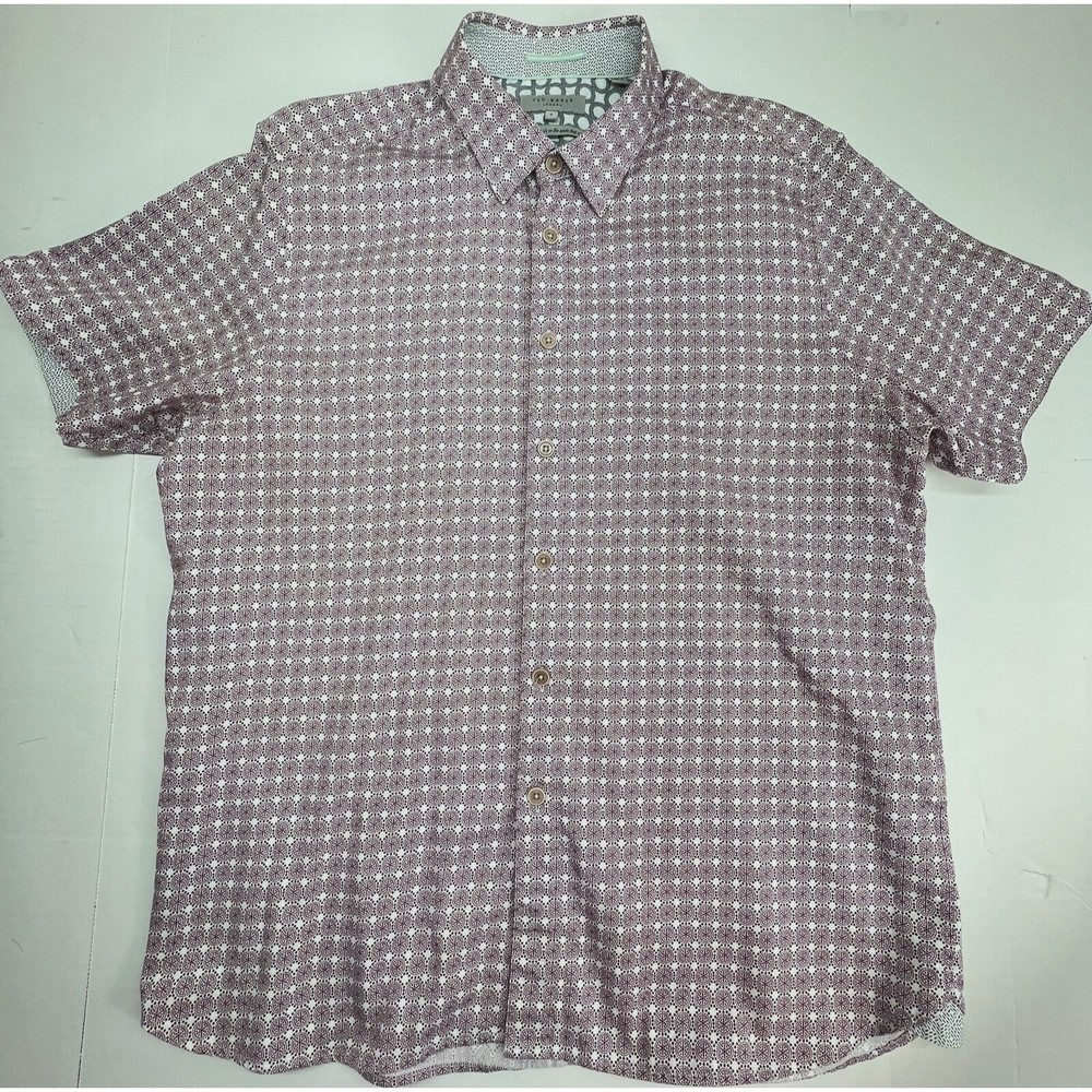 Ted Baker London Mens Size 6 (Size XL) Red Geometric Button Short Sleeves Shirts
